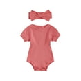 thumbnail image 1 of FOCUSNORM Baby Girl 2Pcs Summer Outfits Short Sleeve Crew Neck Ribbed Romper with Headband Set Newborn Clothes, 1 of 9