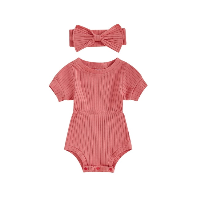 FOCUSNORM Ensemble d'Été 2 Pcs pour Bébé Fille Body à Manches Courtes Col Rond avec Bandeau Vêtements pour Nouveau-Né