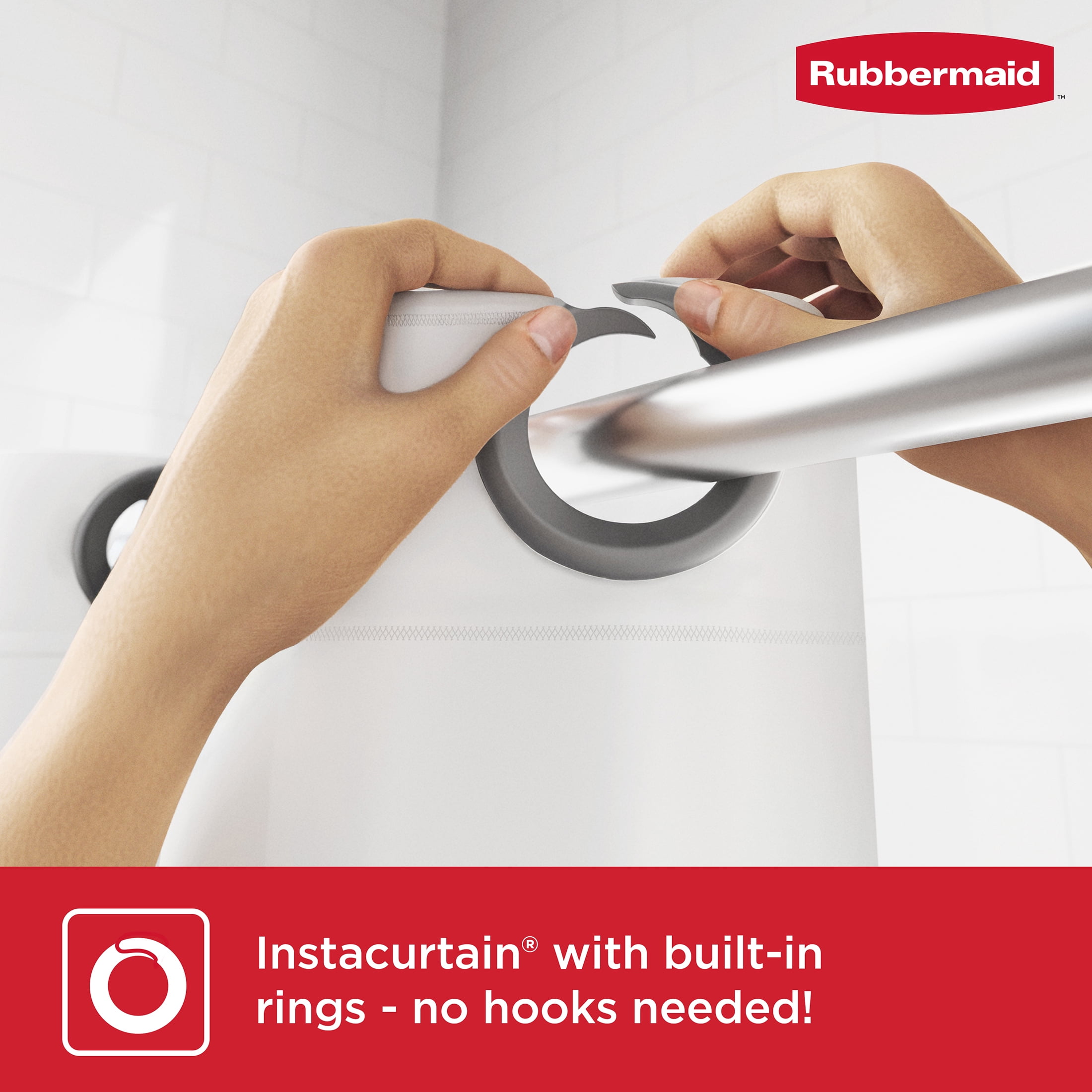Rubbermaid White No Hook 3-in-1 Waterproof Heavyweight PEVA Instacurtain Shower Curtain with Weighted Magnets and Rustproof Gray Rings, 71” x 74”