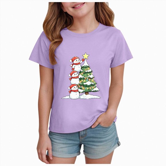 NOLDARES Christmas Shirt Toddler Girl Merry Christmas Tree Graphic Tshirt Kids Santa Xmas Tree Short Sleeve T-shirts(D119-Purple)