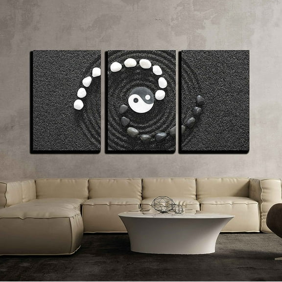 wall26 - 3 Piece Canvas Wall Art - Zen Stones with Yin and Yang - Modern Home Art Stretched and Framed Ready to Hang - 24"x36"x3 Panels
