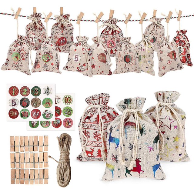 24 Pcs Christmas Burlap Bags Small Gift Bag to Fill DIY Advent Calendar Bags Tree Hanging Hessian Sacks with Drawstring Linen Gift Pouches for Xmas We_Perfect Gift