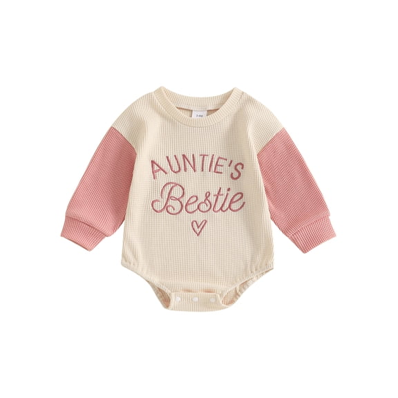 BemeyourBBs Auntie's Bestie Outfits Baby Girl Bubble Romper Long Sleeve Letter Embroidery Waffle Bodysuit Little Girl Infant Spring Fall Winter Clothes