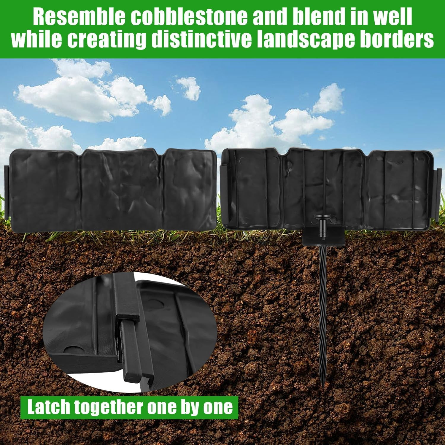 Garden Edging Border NO DIG, with Landscape Edging Anchoring Spikes, Black Stone Effect Plastic Lawn Edging Fencing, Interlocking Yard Lawn Edging for Flower Bed | 24 Ft | 30Pcs | Black |