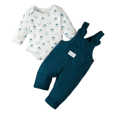

9 Months Infant Baby Boys Clothes Baby Boys Outfits 9-12 Months Boys Long Sleeve Romper Top Overall Pants 2PCS Set Blue