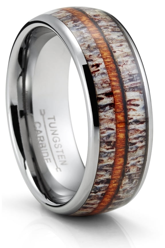 Tungsten Carbide Mens Ring Wedding Band Deer Antler Whiskey Barrel Wood 8mm Comfort-Fit Black