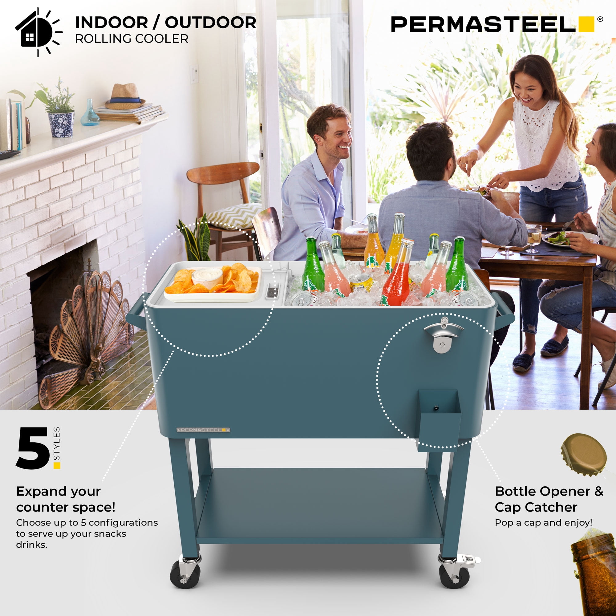 Permasteel 80-Qt Party Cooler with Divider, Removable Basin, Chills 36hrs, Serving Tray, Rolling Steel Ice Chest for Indoor & Outdoor, Matte Teal