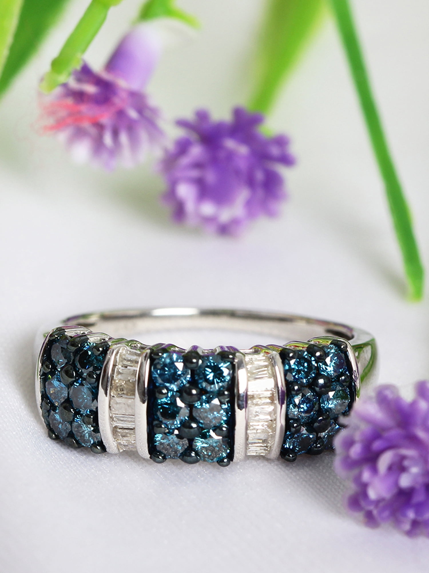 JewelersClub Sterling Silver Blue & White 1 Carat Diamond Ring for Women| Dual-Colored Ring Band with Round Diamonds