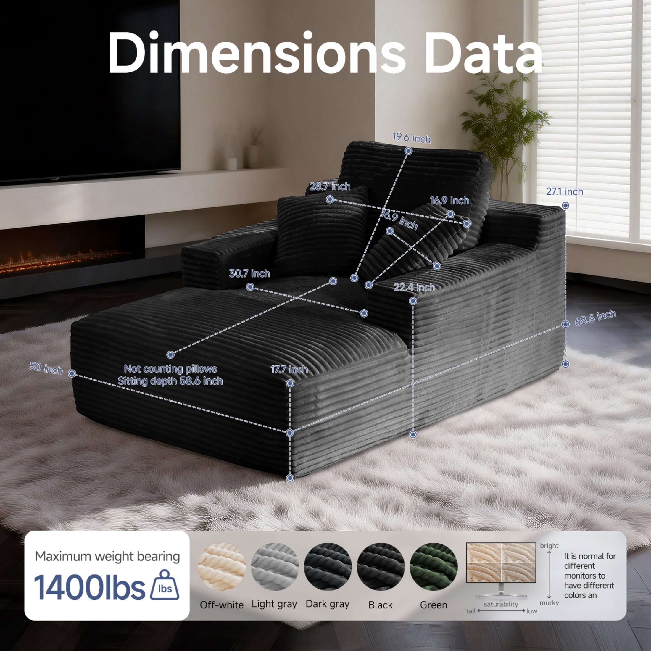 AISWORD 68.5'' Oversized Chaise Lounge Chair Indoor Corduroy Cloud Floor Sofa Bed No Assembly Required Deep Seat Boneless Couch with Pillows, Black