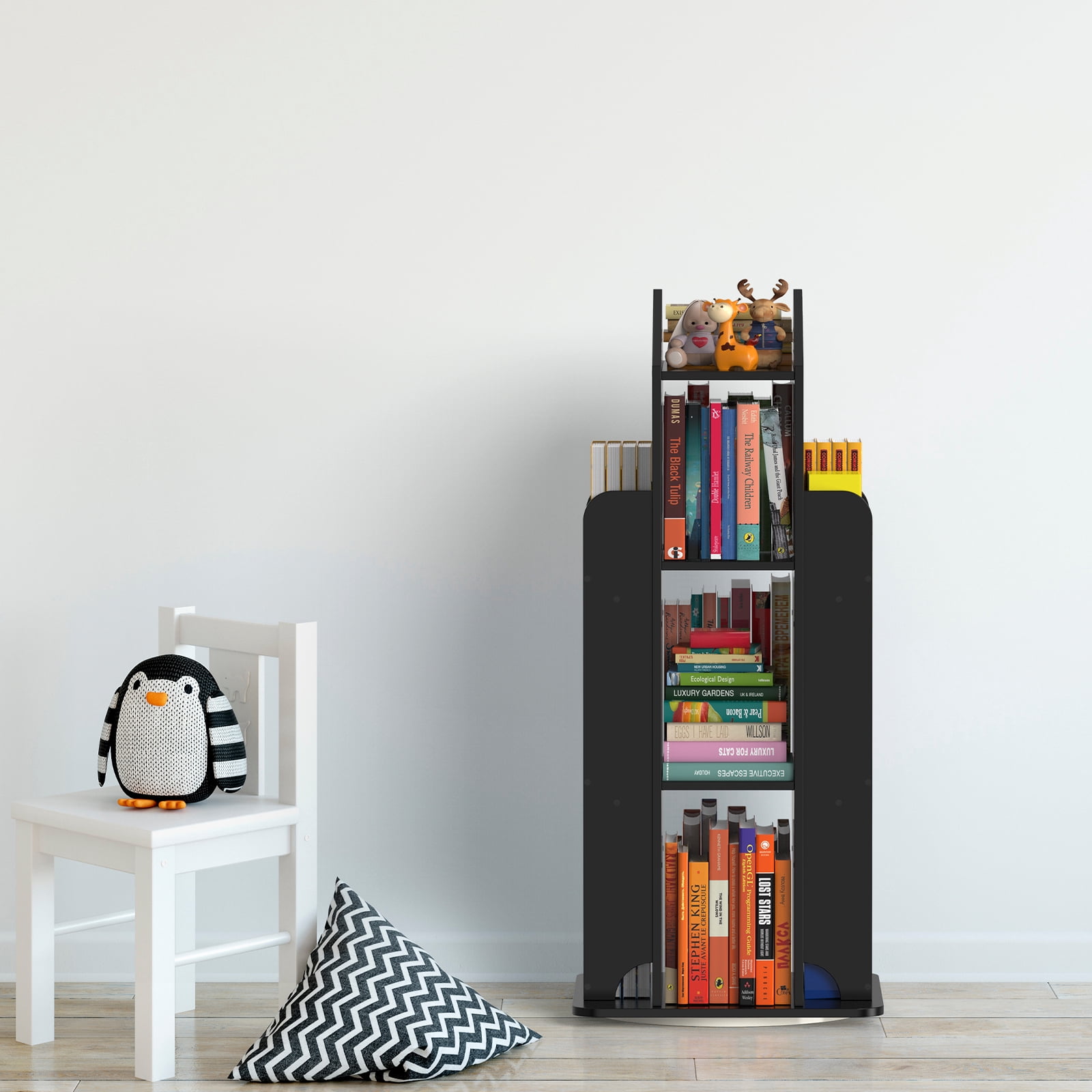 360° Rotating Kids Bookshelf, Black Engineered Wood House-Shaped Bookcase, 38in Tall Storage Organizer for Bedroom, Playroom, Living Room