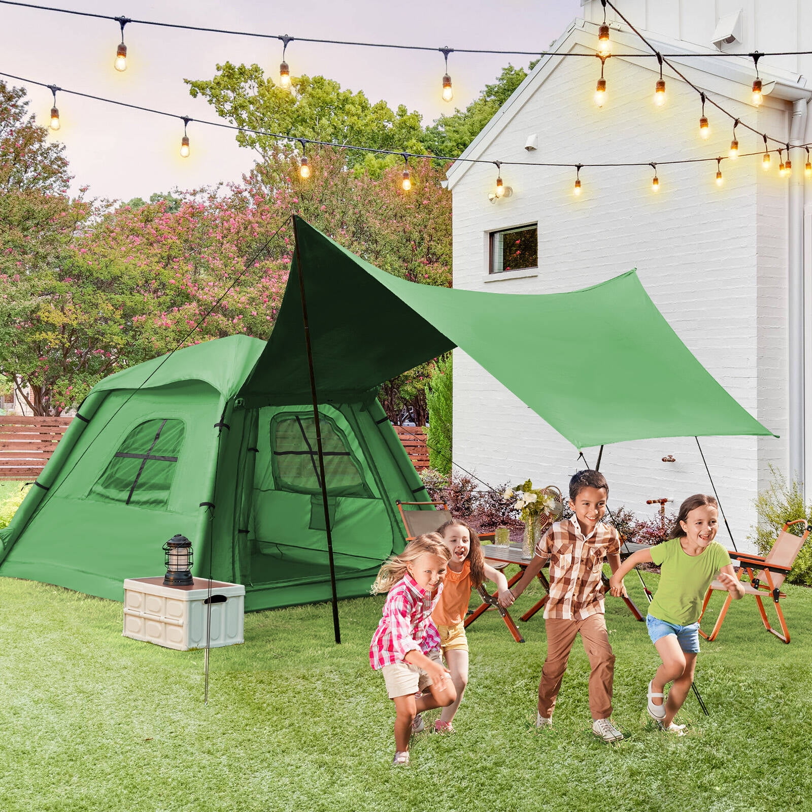 EROMMY Inflatable Camping Tent with Extended Canopy, Easy Set-up 4 Season Air Tents with Inflator for 2-4 Persons，Green