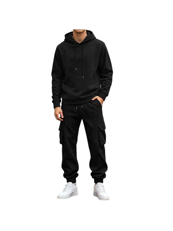 Sweatsuits for Men Fashion 2 Piece Sets Hooded Sweatshirts Drawstring Pants with Pockets Mens Casual Sports Outfits Black L