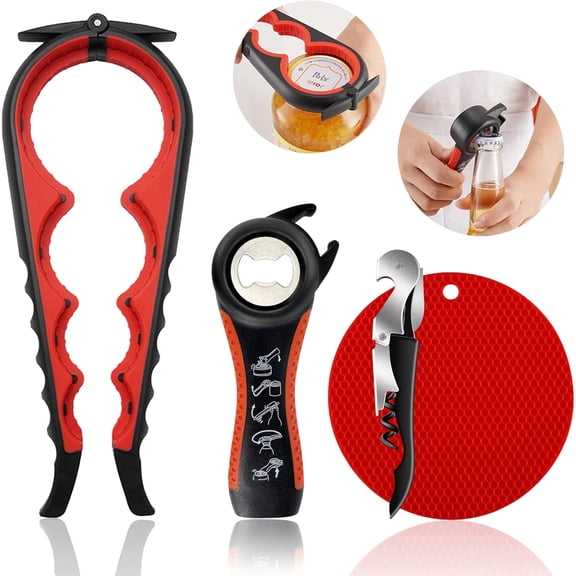 RYLZX Opener for Weak Hands, Seniors with Arthritis, 5 in 1 Multi Function Bottle Opener Lid Opener For Arthritic Hands with Non Slip Rubber Jar opener Gripper Pad(red)