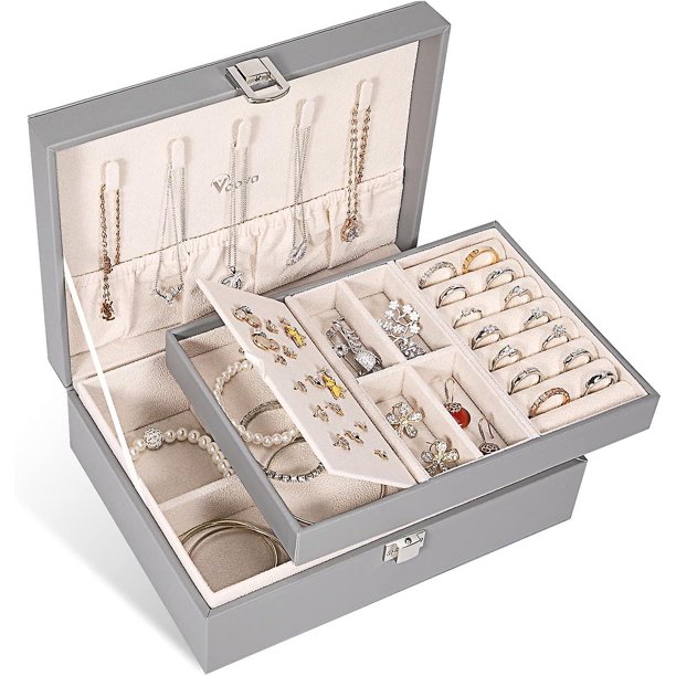 Organizador de joyero para mujer, expositor de joyas de piel sintética grande de 2 niveles con bandeja extraíble para collares, pendientes, anillos, pulseras, gris