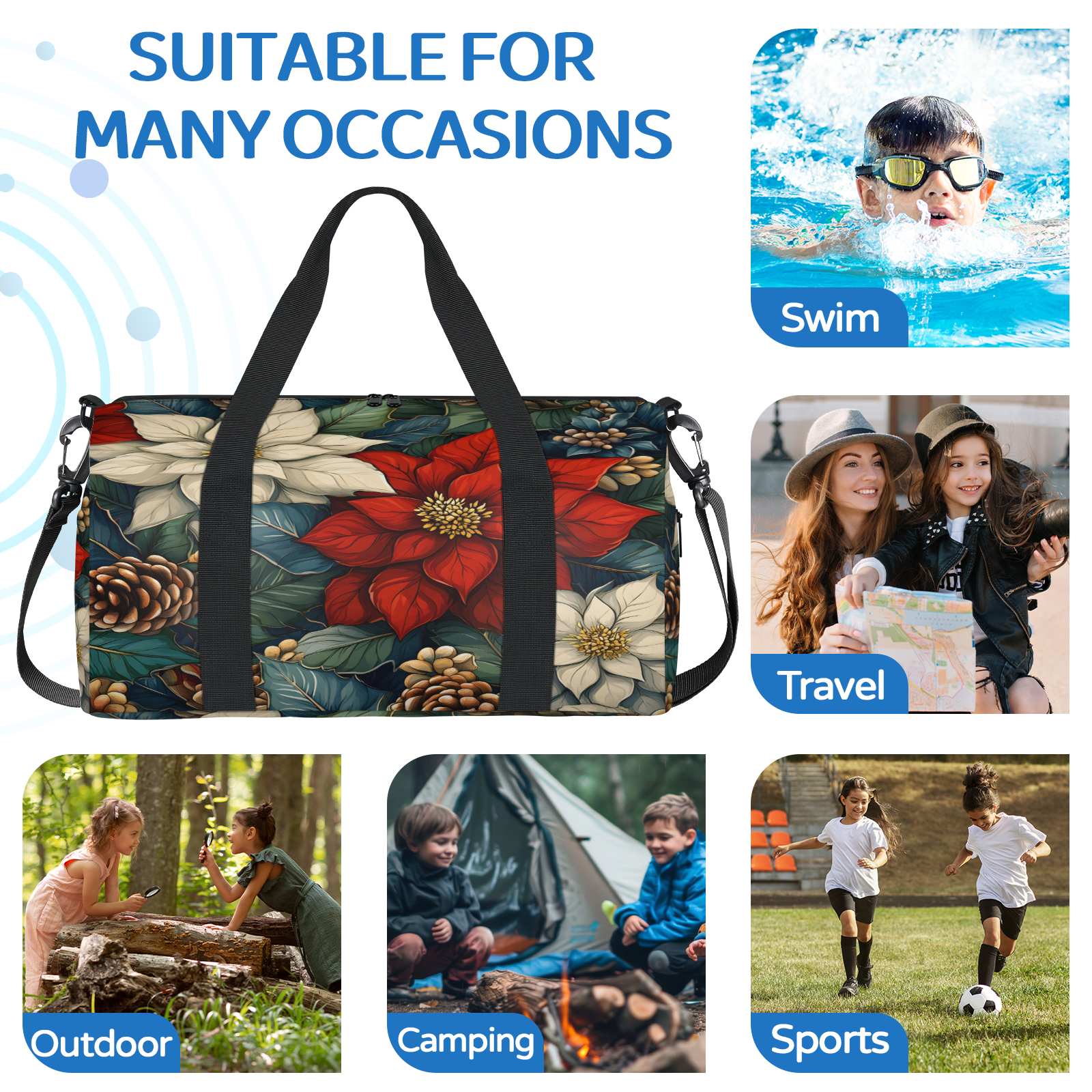 Herdesigns Christmas Flower Leaves Travel Duffle Bag Sports Yoga Weekender Overnight Carry on Workout Bags Lightweight Waterproof Gym Tote Bag for Women Poinsettia Floral