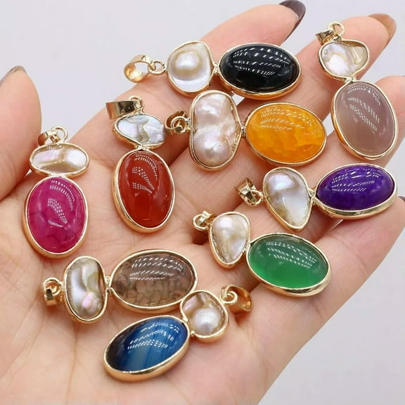 K-KED 5pcs 15x35mm Mix Color Stone Agates Gems Pendants Oval Gold plated Pendants
