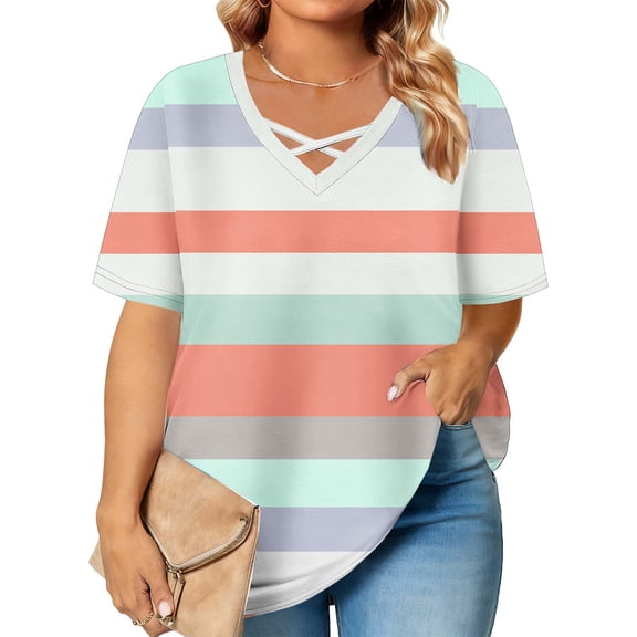Enridrech XL-5XL Plus Size Shirt for Womens Casual Loose T Shirts Comfort Fashion Color Block Short Sleeve Tops