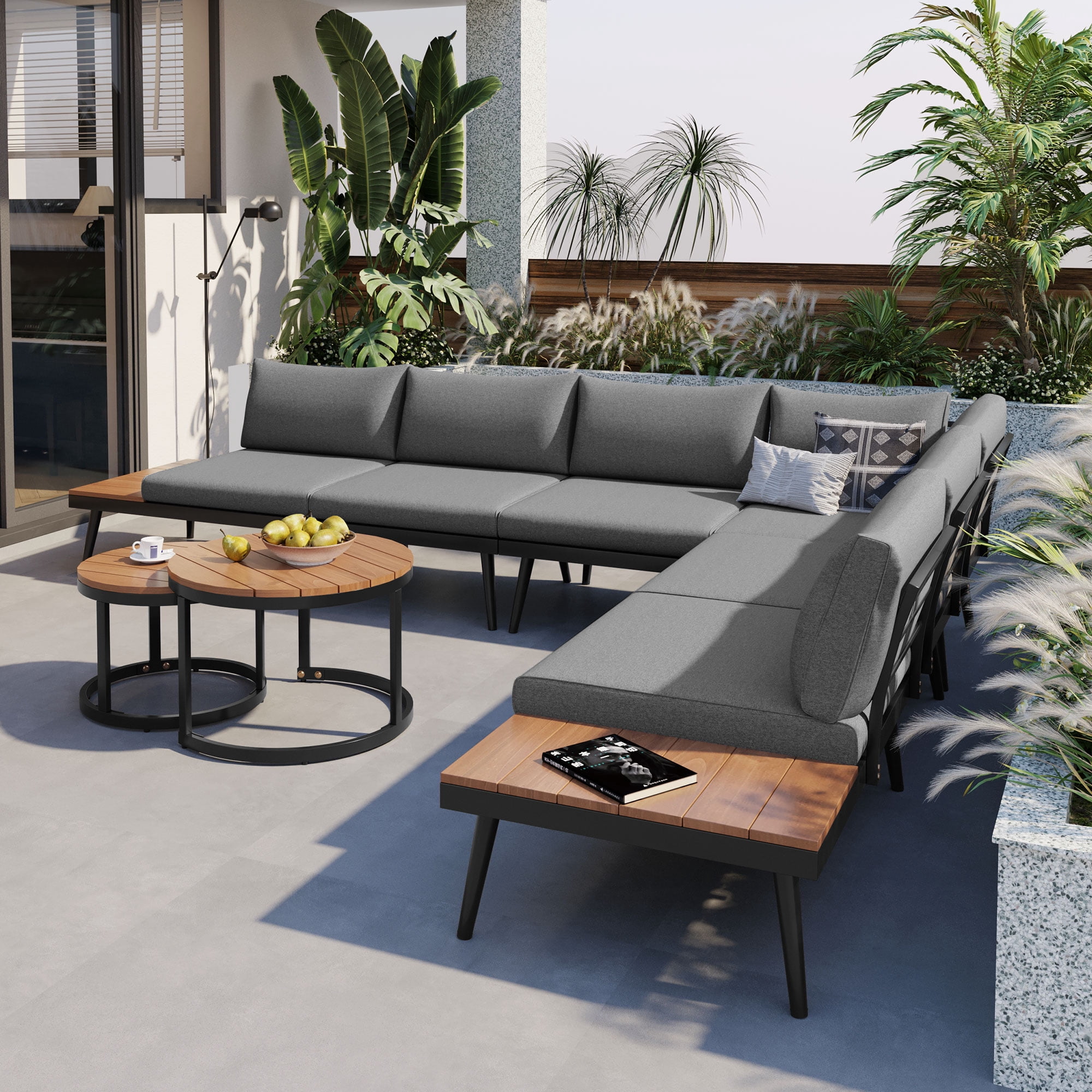 Harper & Bright Designs Metal Outdoor Sectional Furniture L Shape Patio Conversation Sets, 6 Pieces Patio Furniture Sets with Round Nesting Coffee Tables for Garden, Backyard and Porch