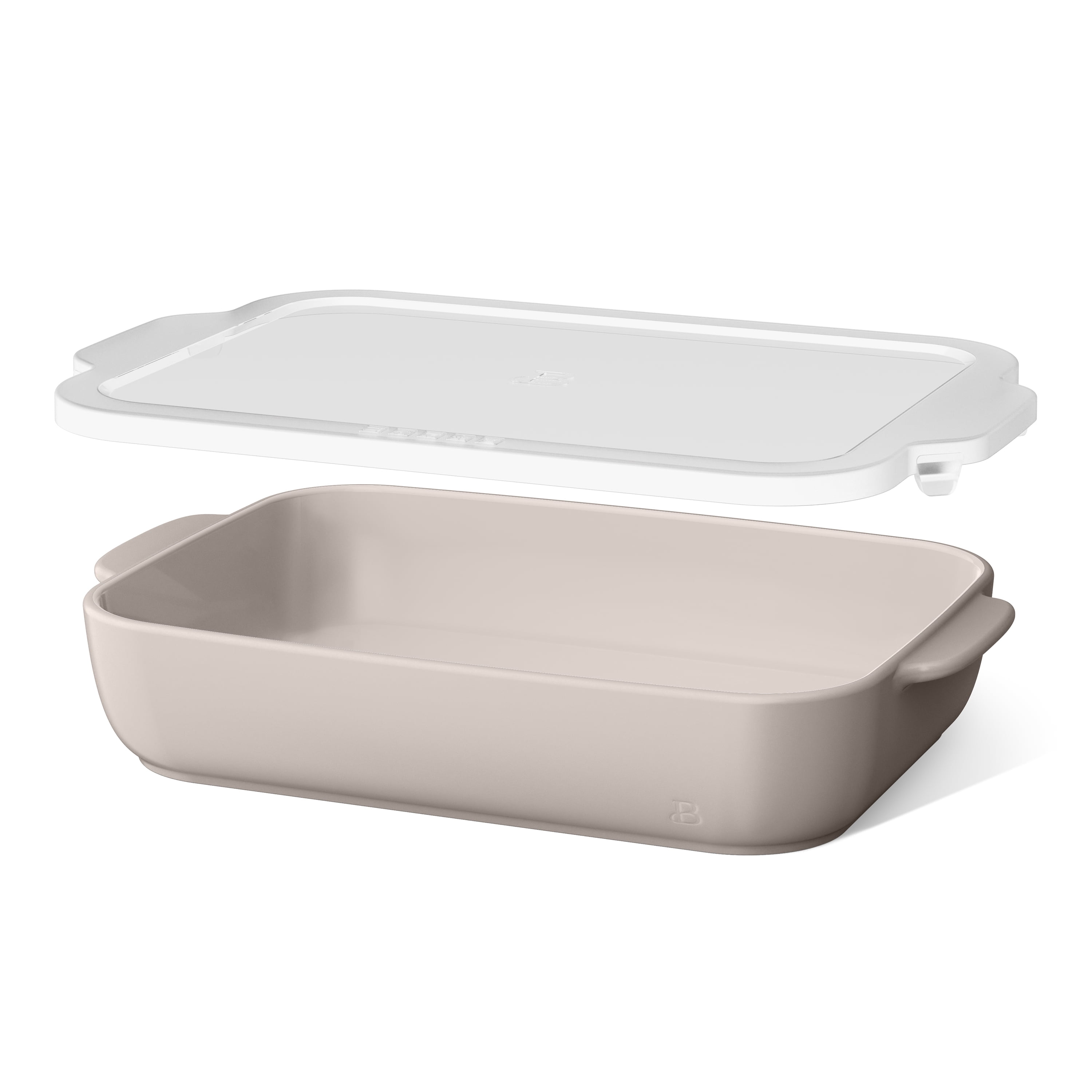 Beautiful 9”x 13” Stoneware Baker with Plastic Lid, Porcini Taupe by Drew Barrymore