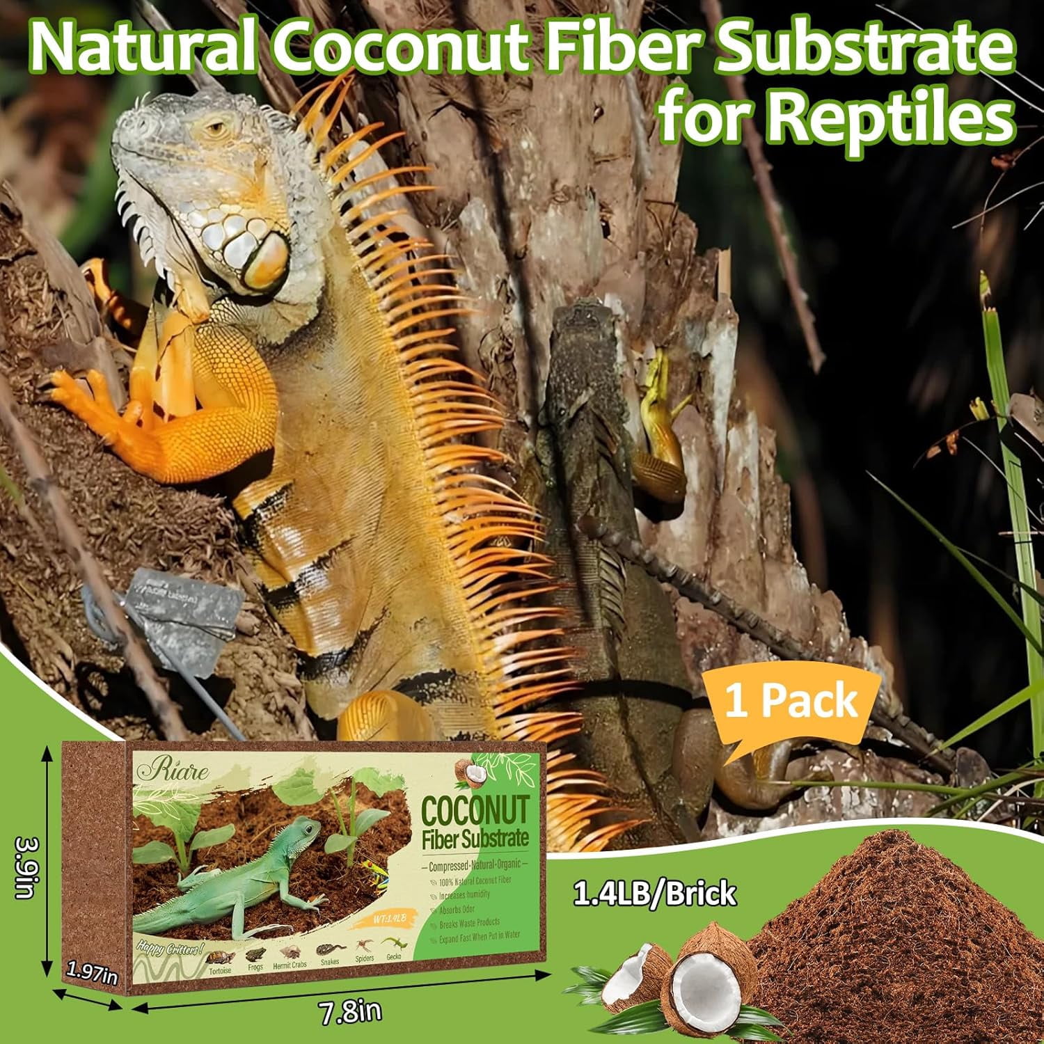1 Pack Natural Coconut Fiber Substrate for Reptile- Premium Compressed Coconut Husk Terrarium Bedding for Reptile, Tortoise, Frogs, Snakes Hermit Crabs, Burrowing Animals