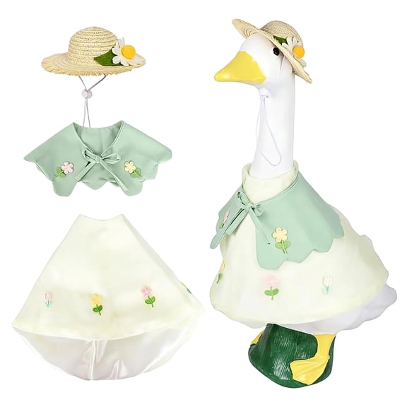 3 Piece Spring Floral Cottagecore Outfit Set for 19-23 Inch Porch Goose With Straw Hat Capelet and Skirt for Outdoor Spring and Summer Decor