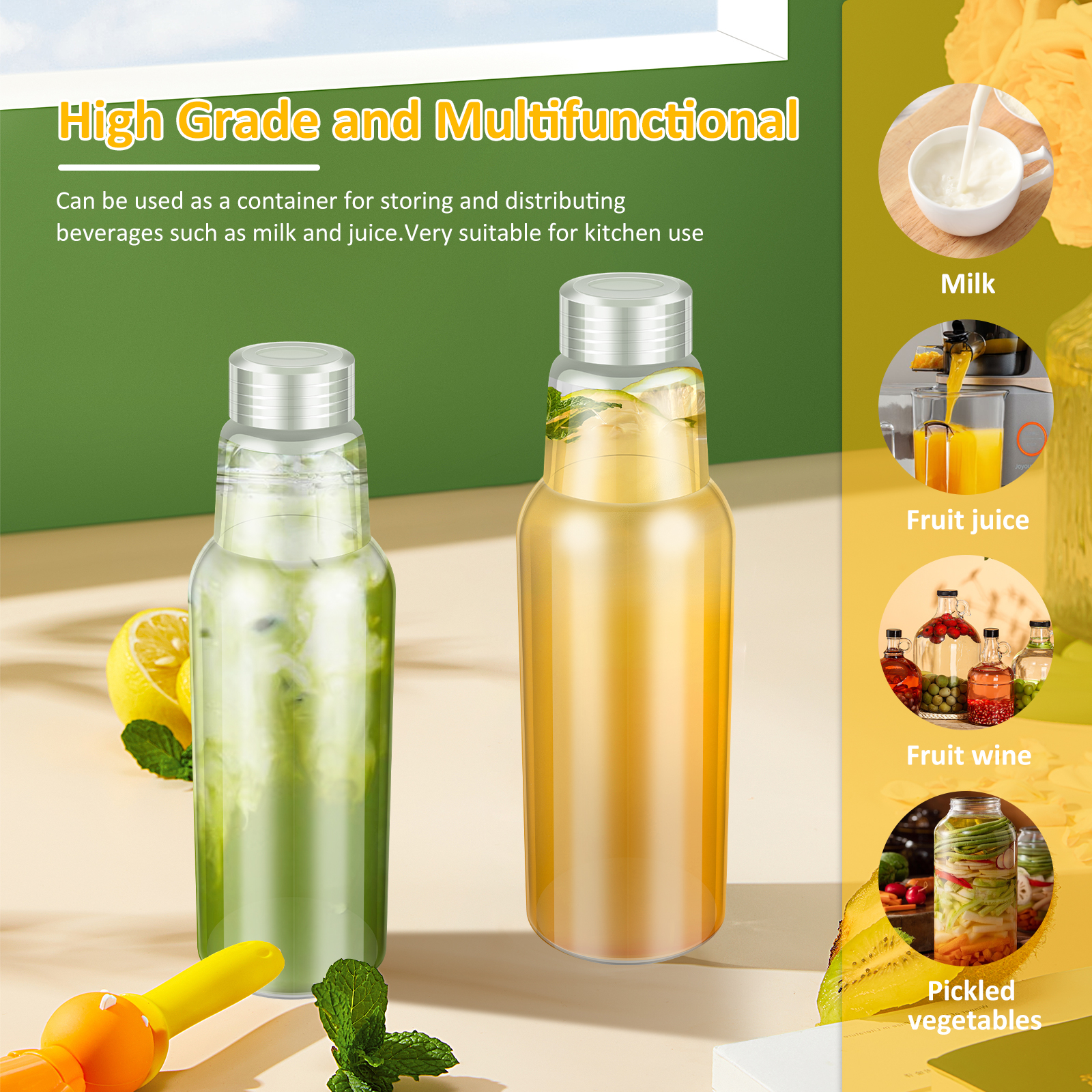 Clear Glass Bottles with Lids 34oz, Reusable Glass Water Bottles with Stainless Steel Cap for Juicing,Refrigerator,100% Leak Proof, BPA Free Eco Friendly,Set of 2
