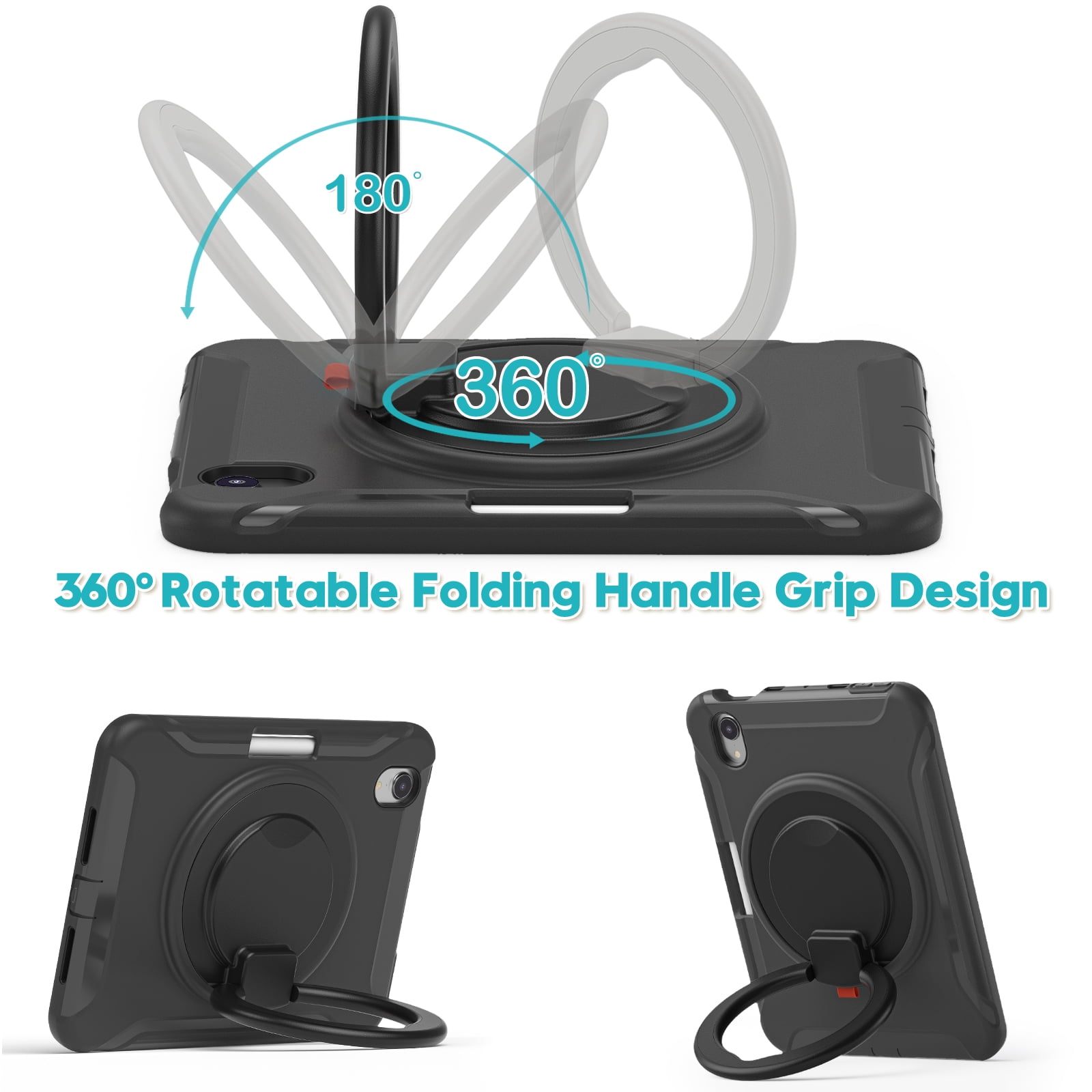 Portable Rugged Case for 2021 Apple iPad Mini 8.3-Inch (6th Generation 2021 Release) - Rotating Stand Handle Case, Built-in Pencil Holder, Lightweight Shockproof Hard Silicone/Plastic Cover (Black)
