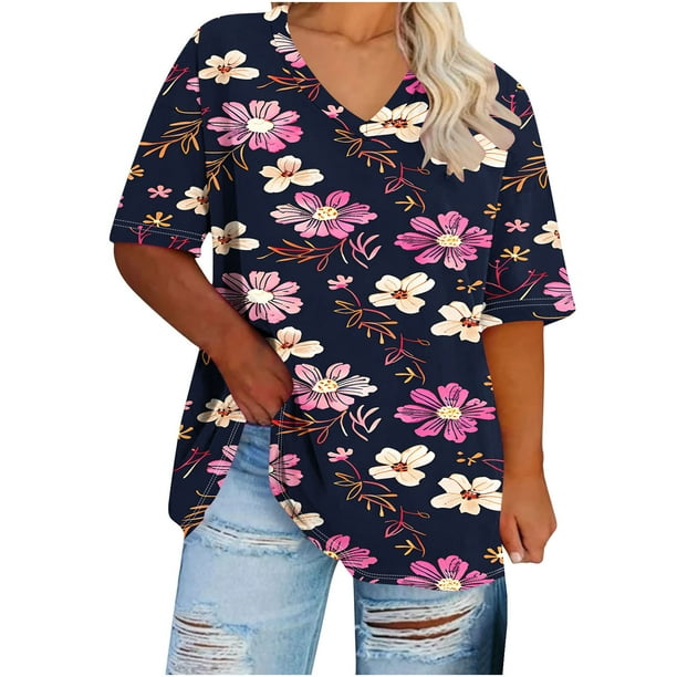 Camisetas de Verano de las Mujeres de Manga Corta con Cuello en V de Gran Tamaño Camiseta Deportiva Sólida, Base Cómoda Casual