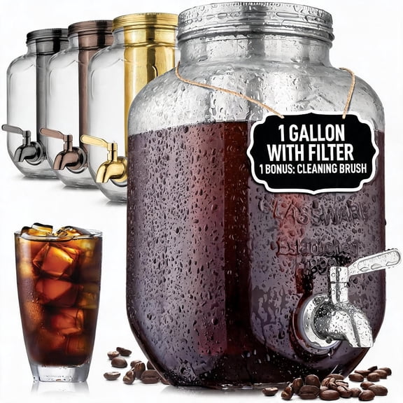 1 Gallon Cold Brew Maker with Stainless Steel Filter Lid and Spout Thick Glass Pitcher for Iced Coffee and Sun Tea Majestic Silver