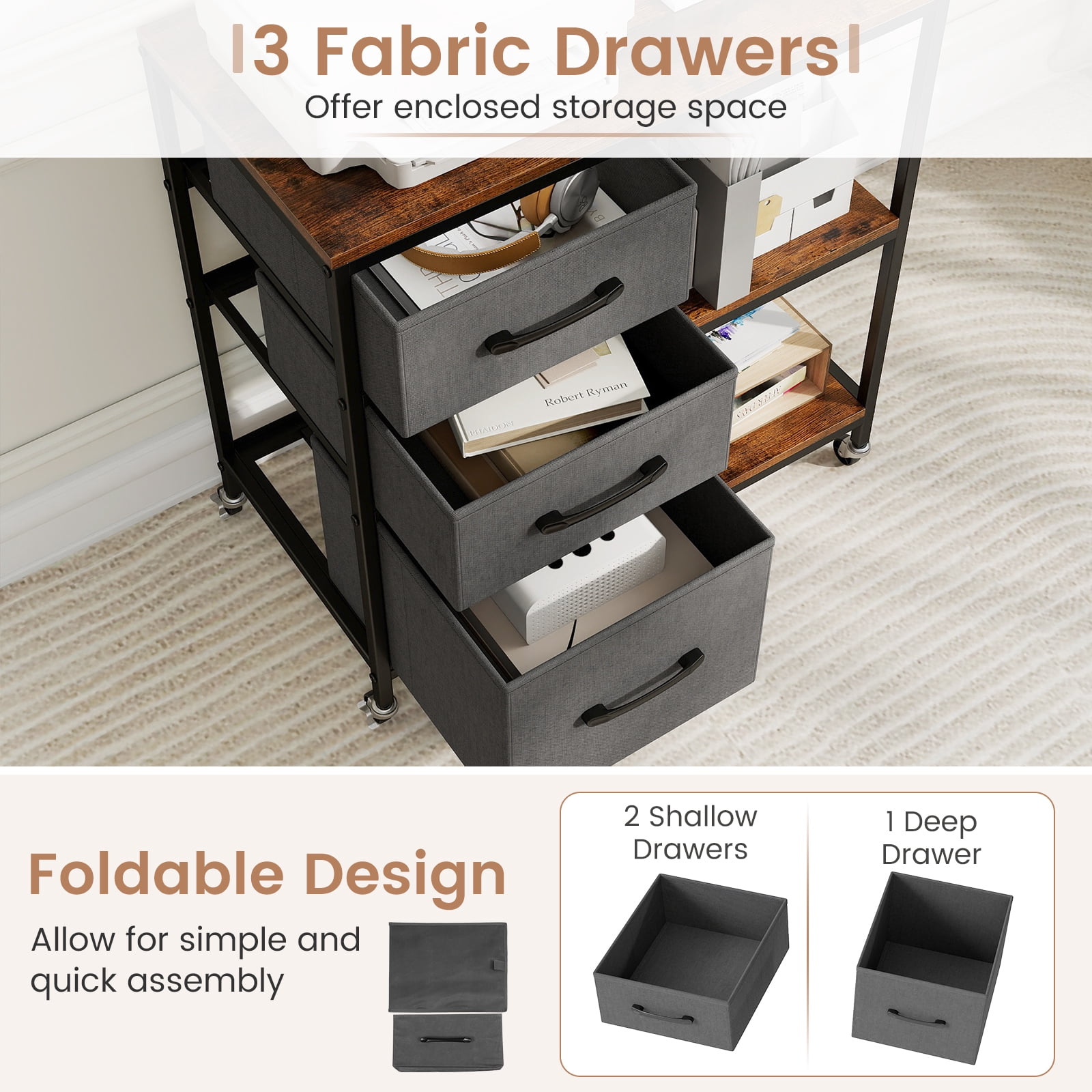 Gymax 3 Drawer Mobile File Cabinet w/ Charging Station Storage Cabinet on Wheels