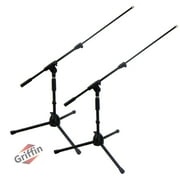 2 PACK- Low Profile Microphone Stand by Griffin Short Tripod Mic Stand Mount with Boom Arm for Kick Bass Drum, Studio Desktop Recording, Singing & Guitar Amplifiers Small Height Telescoping Holder