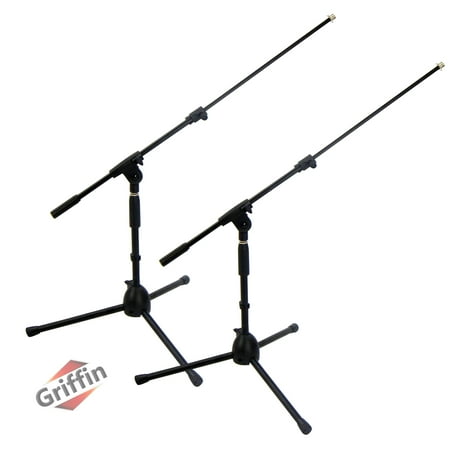 2 PACK- Low Profile Microphone Stand by Griffin Short Tripod Mic Stand Mount with Boom Arm for Kick Bass Drum, Studio Desktop Recording, Singing & Guitar Amplifiers Small Height Telescoping Holder
