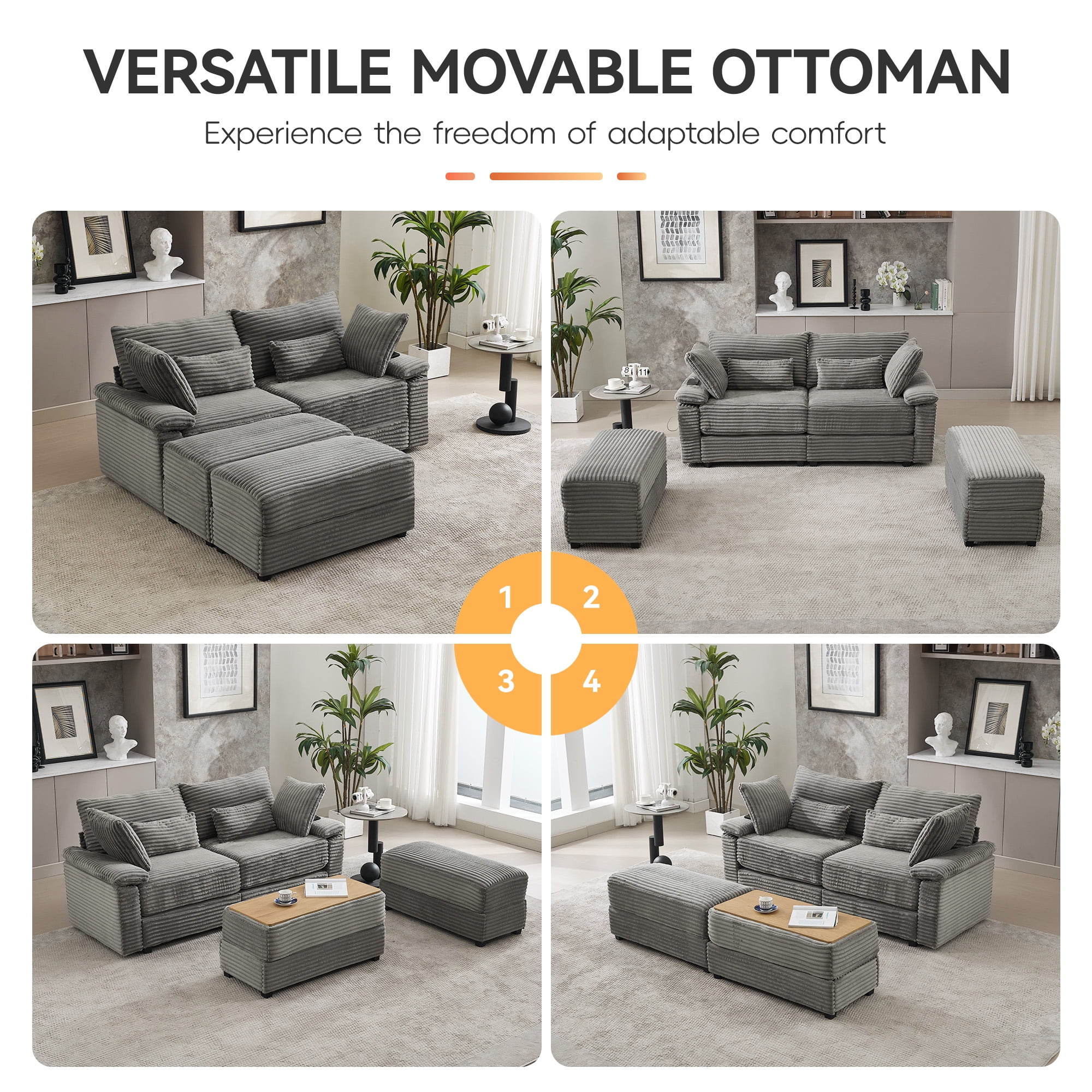 Corduroy Upholstered Sofa for Living Room,Modern Deep Seat Comfy Loveseat Couch with 2 Ottomans,Gray