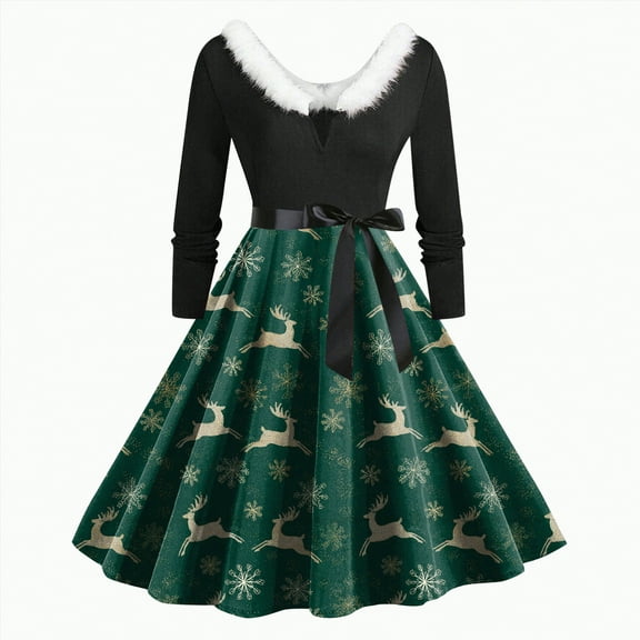 UngA Women's Christmas Dresses 2025 Winter Warm Plush V Neck Cute Printed Party Dresses with Belt Long Vintage Women's Cocktail Dresses,Size L