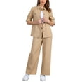 thumbnail image 2 of INSPIRE CHIC Women's 2 Piece Linen Set Button Down Shirt Drawstring Wide Leg Pants Casual Outfit L Khaki, 2 of 6