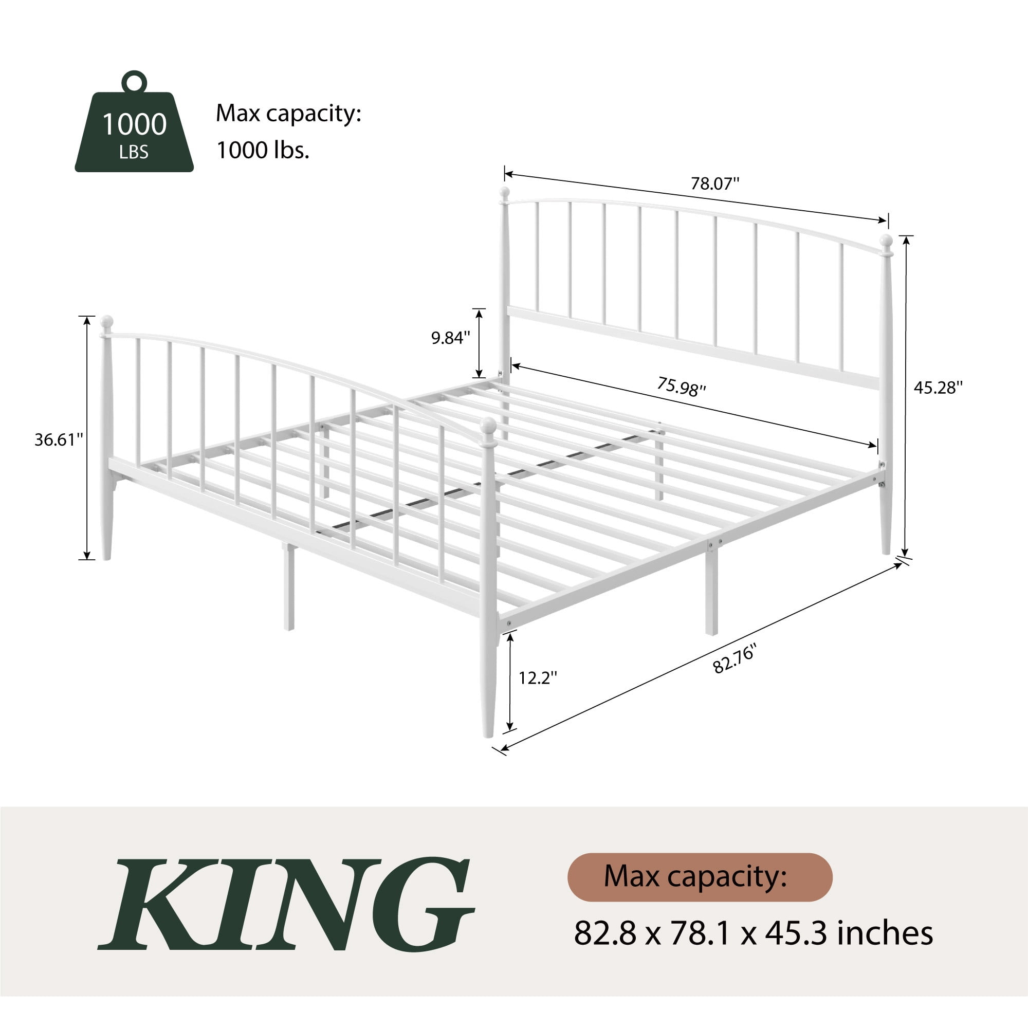 Amolife King Bed Frame, Metal Platform Bed with Curved Headboard and Footboard, Ample Under-Bed Storage Space, No Box Spring Needed, White