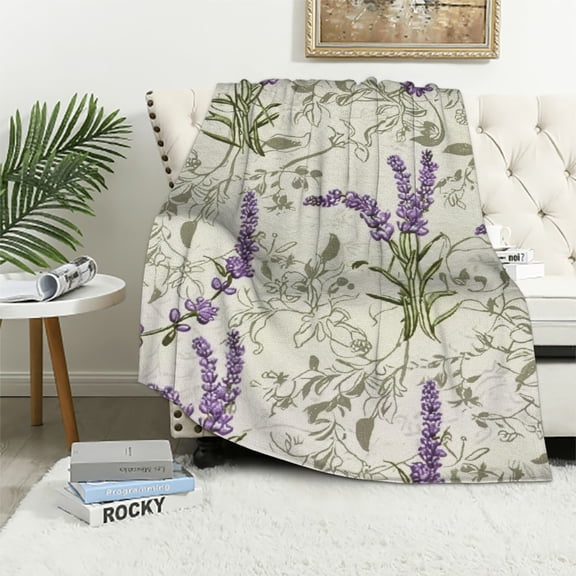 JRXY Vintage Lavender Floral Flowers Throw Blanket Ultra Soft Warm All Season Decorative Blankets for Bed Chair Car Sofa Couch Bedroom White