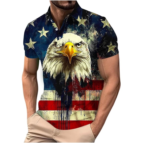 Men's Short Sleeve 4th of July Print Henley T-Shirt – Patriotic Independence Day Graphic Tops Summer Casual Wear Short Sleeve Henley Mens