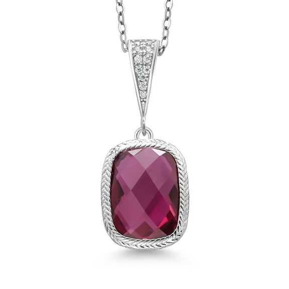 Gem Stone King 925 Sterling Silver Created Ruby Pendant Necklace for Women (2.30 Cttw, 13X9MM Cushion Checkerboard Cut, 18 inch Chain)