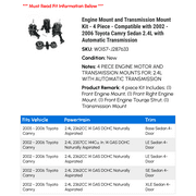 Engine Mount and Transmission Mount Kit - 4 Piece - Compatible with 2002 - 2006 Toyota Camry Sedan 2.4L with Automatic Transmission 2003 2004 2005