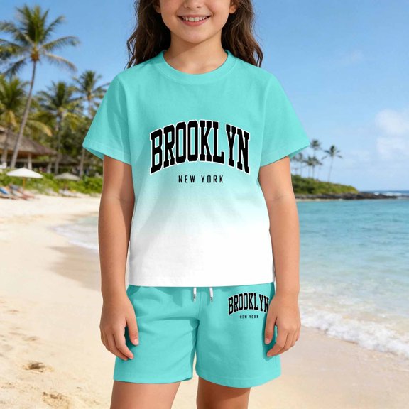 OOOUM Silky Soft T-Shirt Shorts 2 Piece Set Summer Letter Graphic Outfits Casual Cute Clothing For Toddler And Big Kids Green 9-10 Years