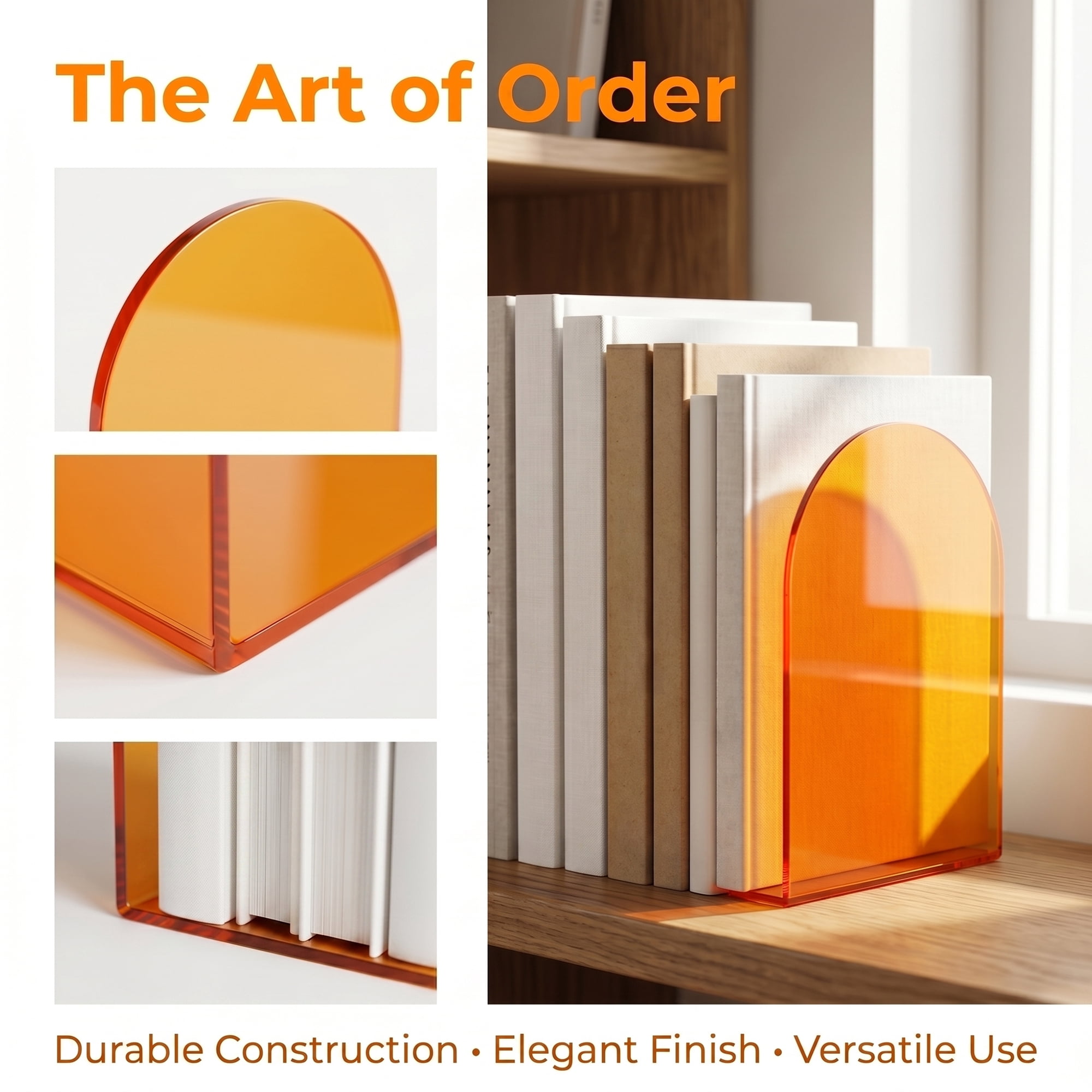 Unique Bargains 2Pcs Clear Acrylic Modern Non-Skid Bookends Orange 4.7*3.9*6.1inch