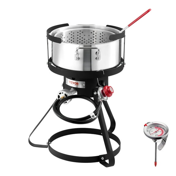 VEVOR 10 Qt Fish and Wing Fryer, Aluminum Propane Fish Fryer Kit, Outdoor Deep Fryer Seafood Pot with Thermometer, Strainer Basket, and 54,000 BTUs Propane Burners, for Outdoor and Backyard Cooking