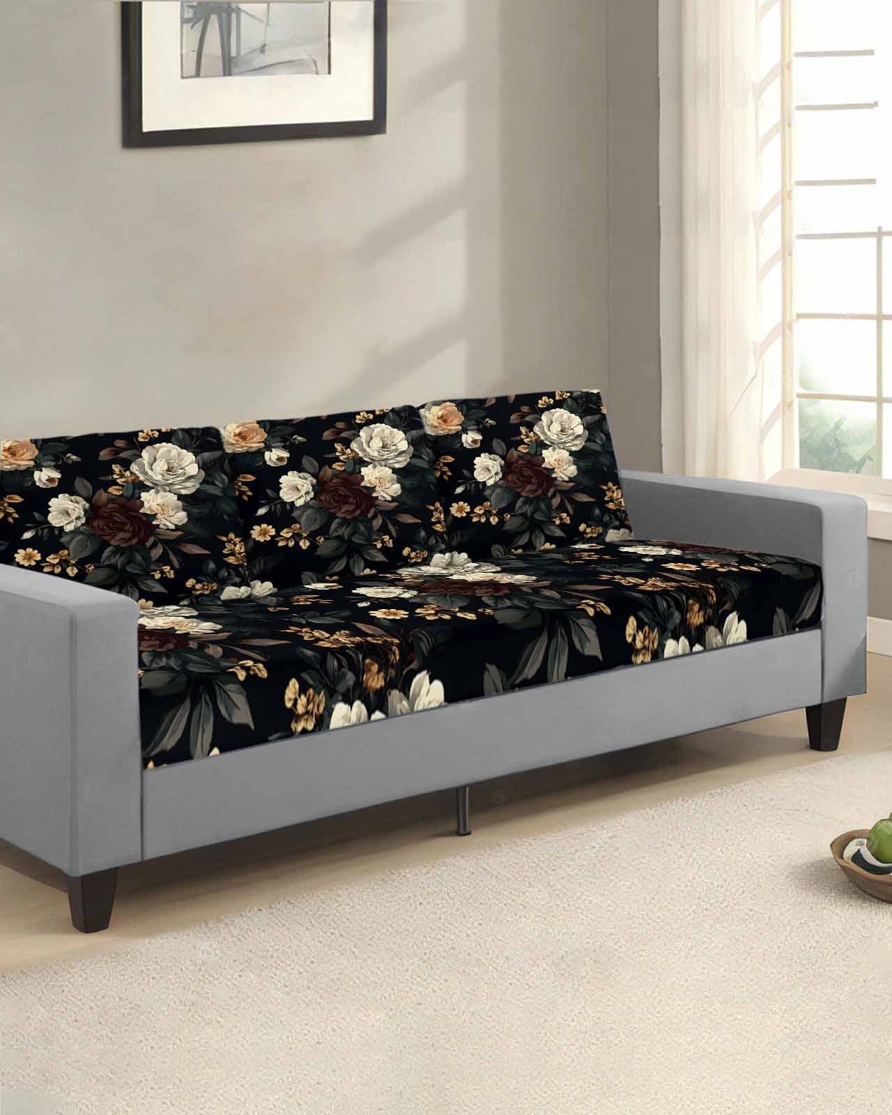 Vintage Black Floral Sofa Couch Cushion Covers Washable, Removable Stretchable Sectional Couch Covers, Spring Seasonal Botanical Blooms Slipcovers for L & T Shape Sofa Furniture Protector M Size 1 pc