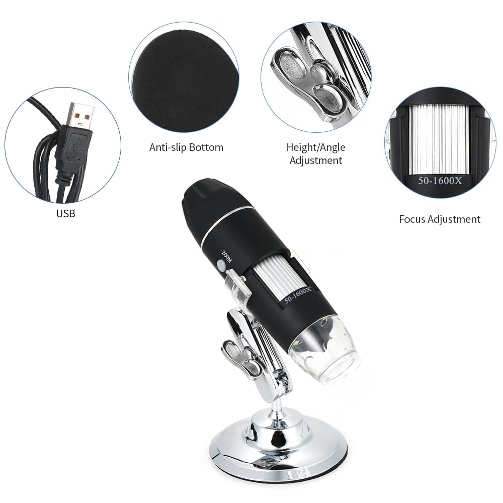 1600x Magnification Endoscope, 8 LED USB 2.0/1.1 Digital Microscope, Mini Camera with OTG Adapter and Metal Stand, Compatible with Win XP/Vista, Win7/32/64