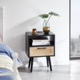 thumbnail image 2 of Oufan Rattan Nightstand with Charging Station and USB Ports, Mid Century Modern Bed Side Table with Storage and Solid Wood Legs for Bedroom, Living Room, Black, 2 of 10