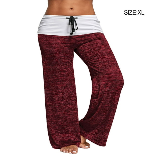 Women Casual Style Adjustable Yoga Loose Pants Girls Running Waist Trousers  Women Workout Exercise Spliced Wide Leg Trousers Clothing Wine Red XL