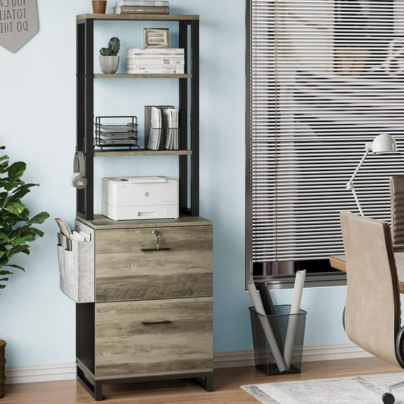 2 Drawer File Cabinet with Lock, Filing Cabinet fits Letter, Legal, A4 Size, Hanging File Folders, File Cabinets for Home Office with Adjustable Storage Shelf and Hook, Grey