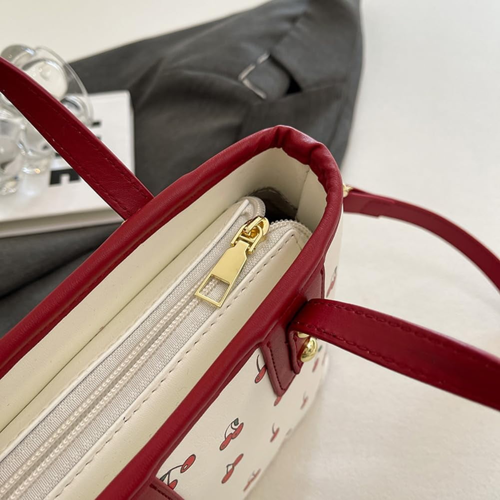 Crossbody Bags for Women, Small Cherry Print Shoulder Bag Cute Leather Tote Bag,Cherry Red Purse with Shoulder Strap