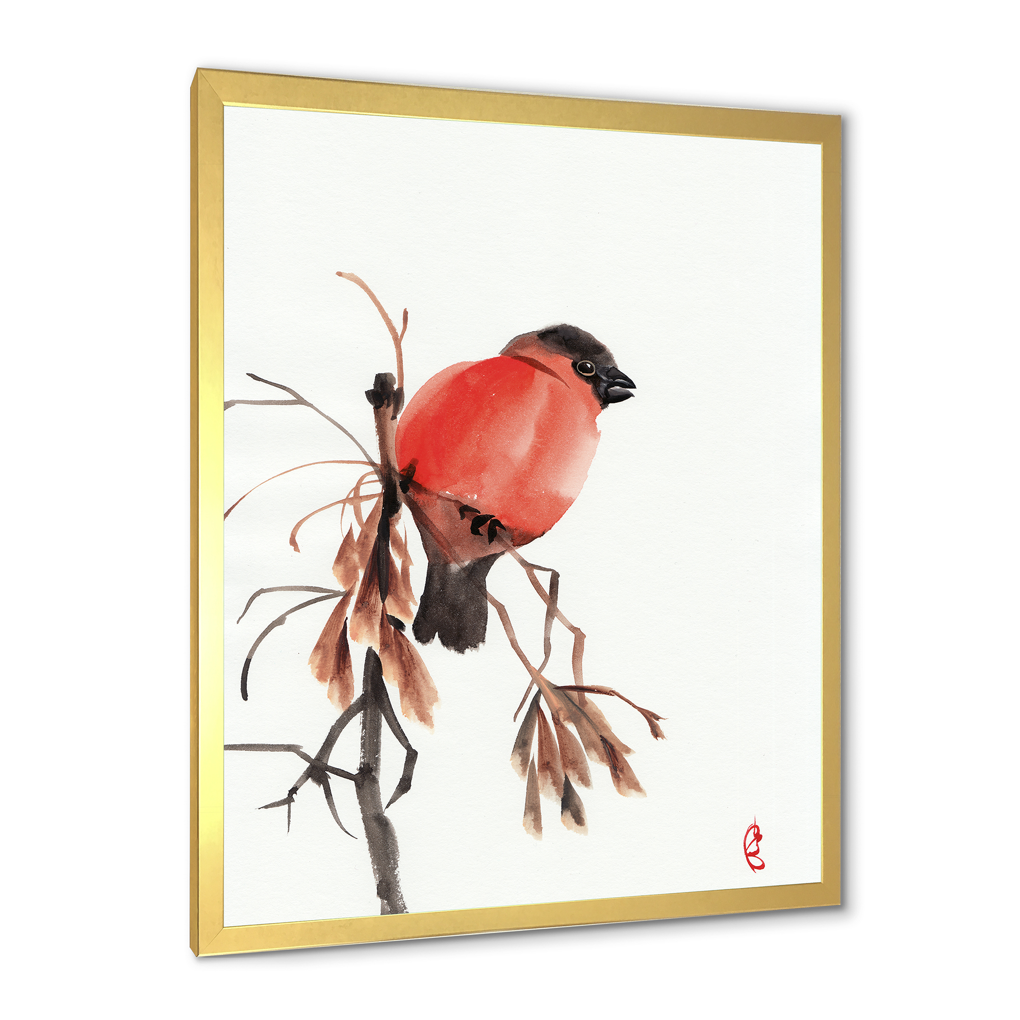 Designart 'Red Bullfinch Bird Sitting On A Branch' Traditional Framed Art Print